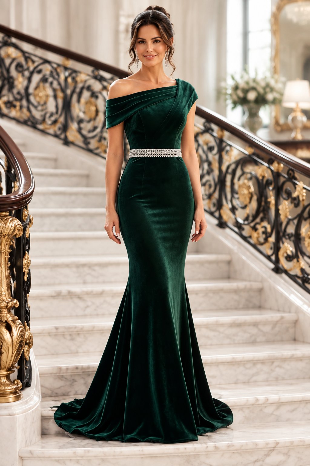 One-Shoulder Velvet Mermaid Gown with Rhinestone Waist