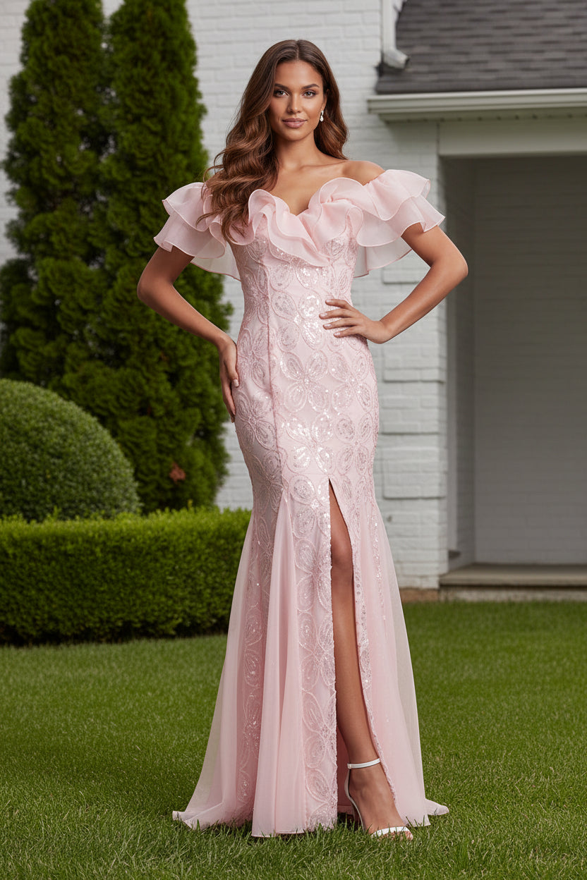 Ruffled Off-the-Shoulder Sequin Mermaid Gown