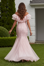 Ruffled Off-the-Shoulder Sequin Mermaid Gown