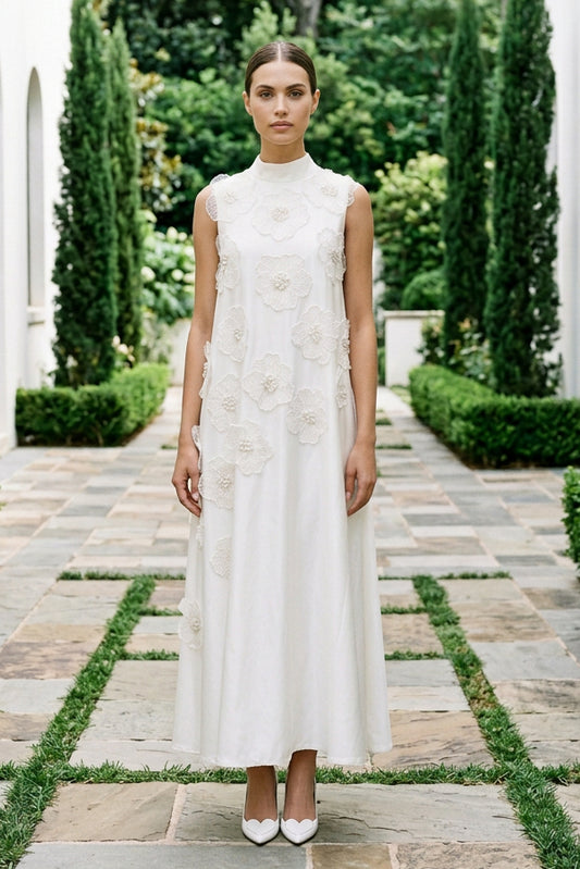 Floral Applique High Neck Midi Dress with Back Bow