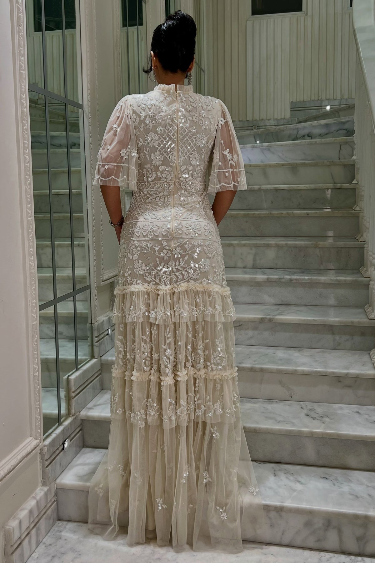 Embroidered Tiered Gown with Flutter Sleeves