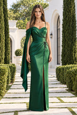 Beaded Draped-Sleeve Satin Gown with Slit