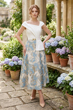 Asymmetric Fold Midi Dress with Jacquard Skirt
