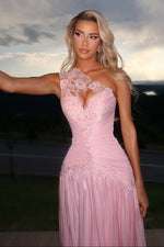 One-Shoulder Lace Evening Gown with Keyhole