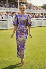 Elegant Floral Jacquard Midi Dress with Puff Sleeves