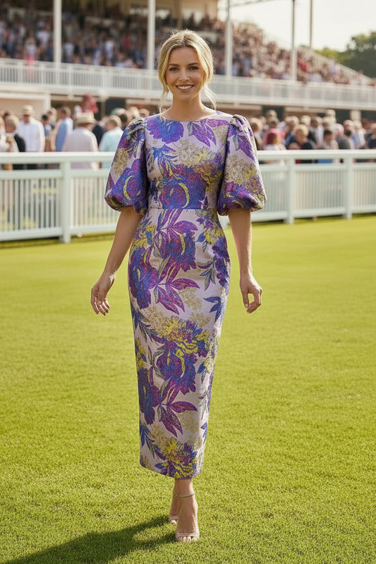 Elegant Floral Jacquard Midi Dress with Puff Sleeves