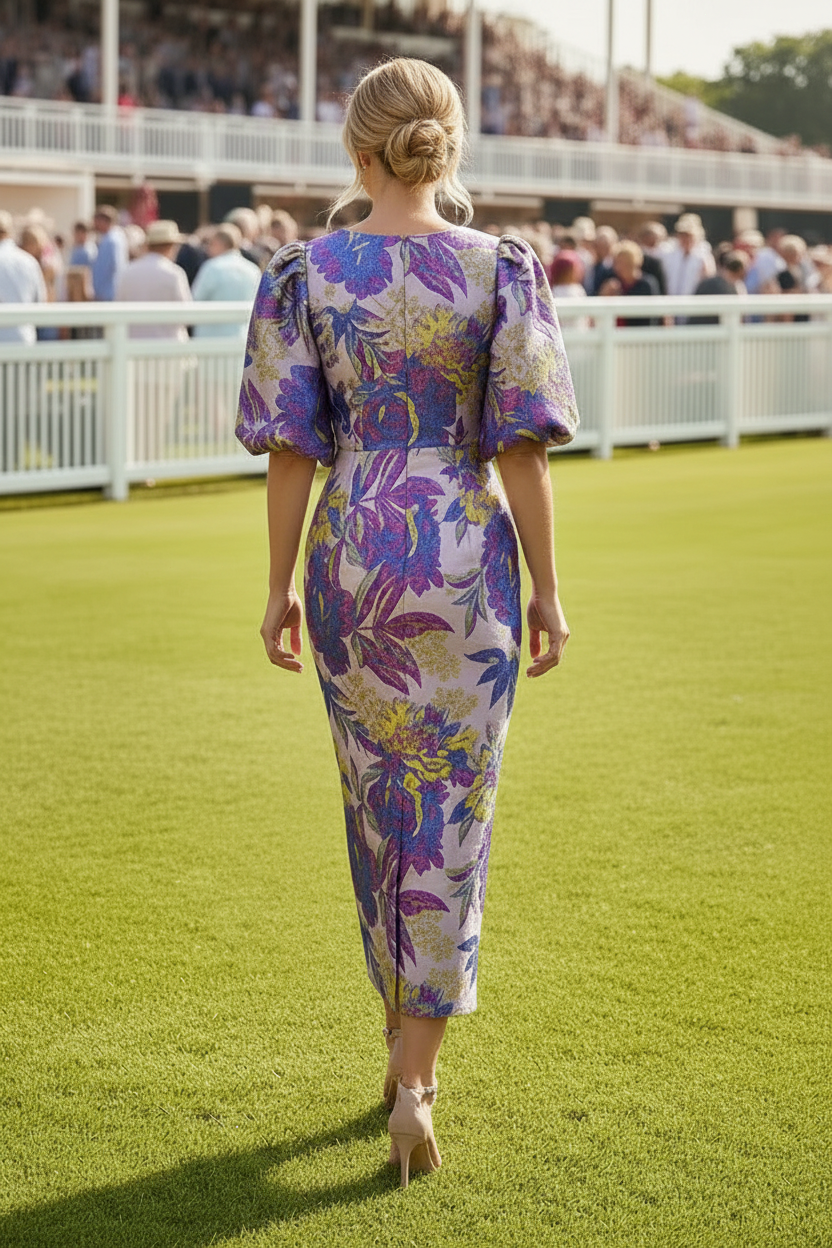 Elegant Floral Jacquard Midi Dress with Puff Sleeves