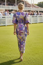 Elegant Floral Jacquard Midi Dress with Puff Sleeves