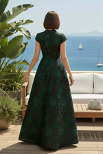 Floral Jacquard Cap-Sleeve A-Line Gown
