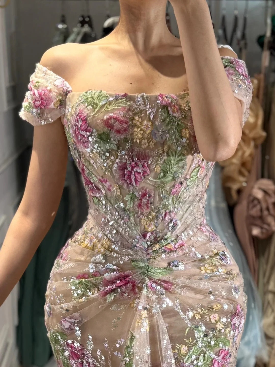 Off-the-Shoulder Floral Embroidered Mermaid Gown