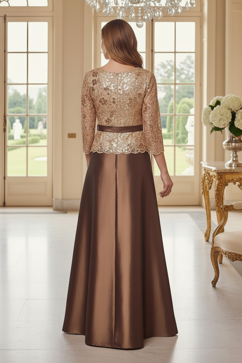 Sequin Lace Bodice A-Line Evening Gown with Bow Sash