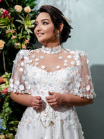 Illusion High Neck Flutter Sleeve A-Line Bridal Gown