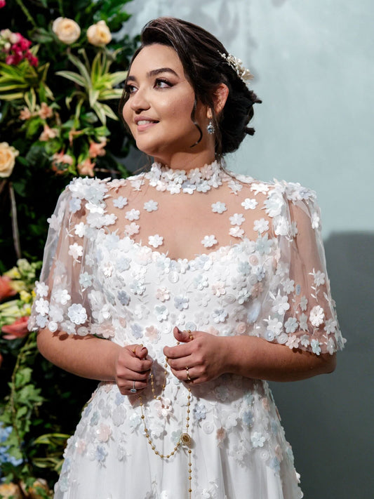 Illusion High Neck Flutter Sleeve A-Line Bridal Gown