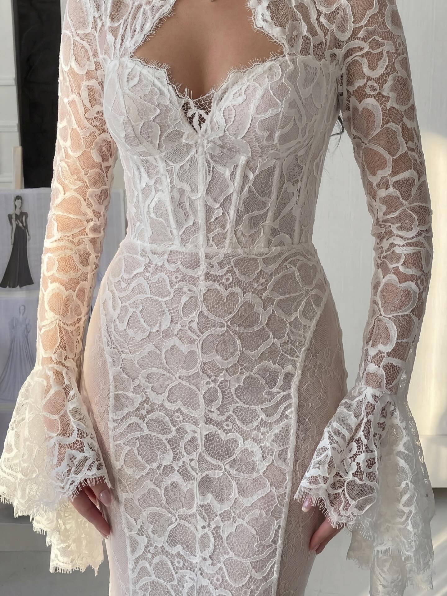 Long Bell Sleeve Lace Corset Mermaid Wedding Dress
