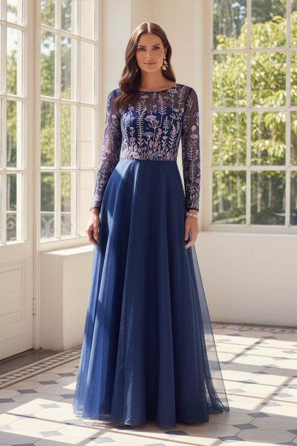Embroidered Illusion Long Sleeve A-Line Gown