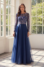 Embroidered Illusion Long Sleeve A-Line Gown
