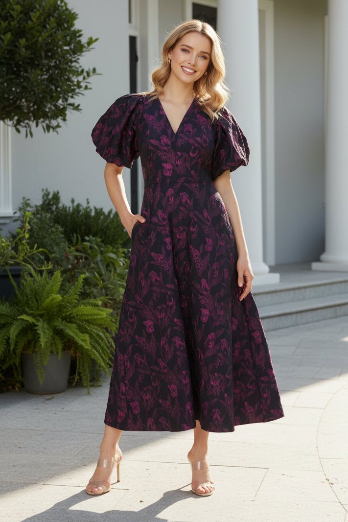 Floral Jacquard A-Line Midi Dress with Puff Sleeves
