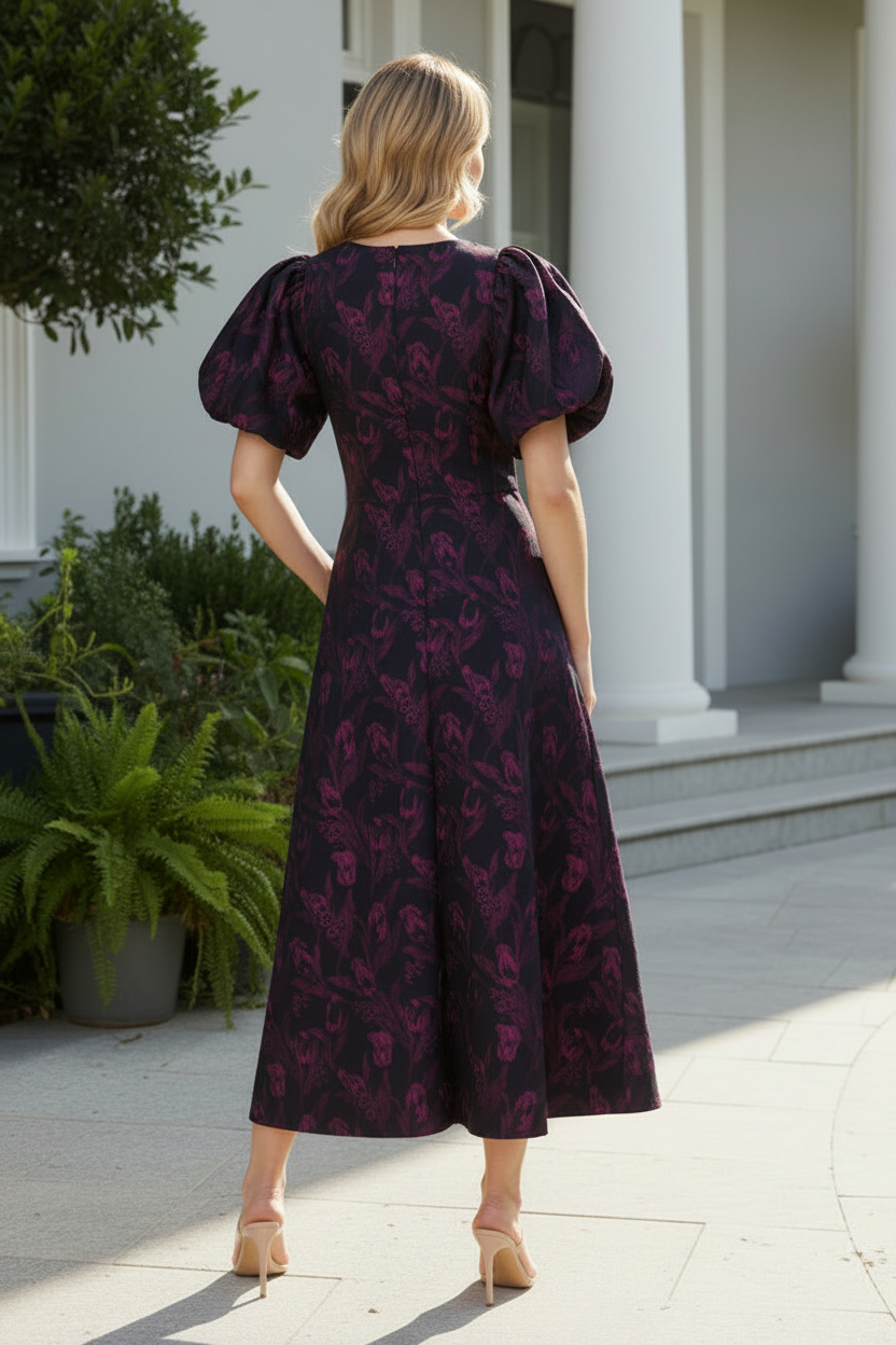 Floral Jacquard A-Line Midi Dress with Puff Sleeves