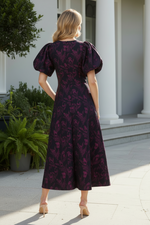 Floral Jacquard A-Line Midi Dress with Puff Sleeves