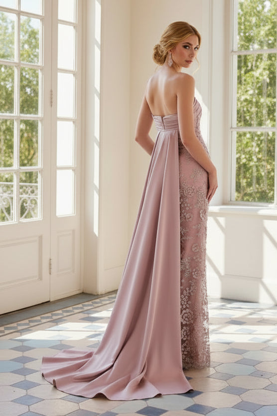 Strapless Floral Lace Gown with Satin Back Drape