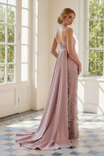 Strapless Floral Lace Gown with Satin Back Drape