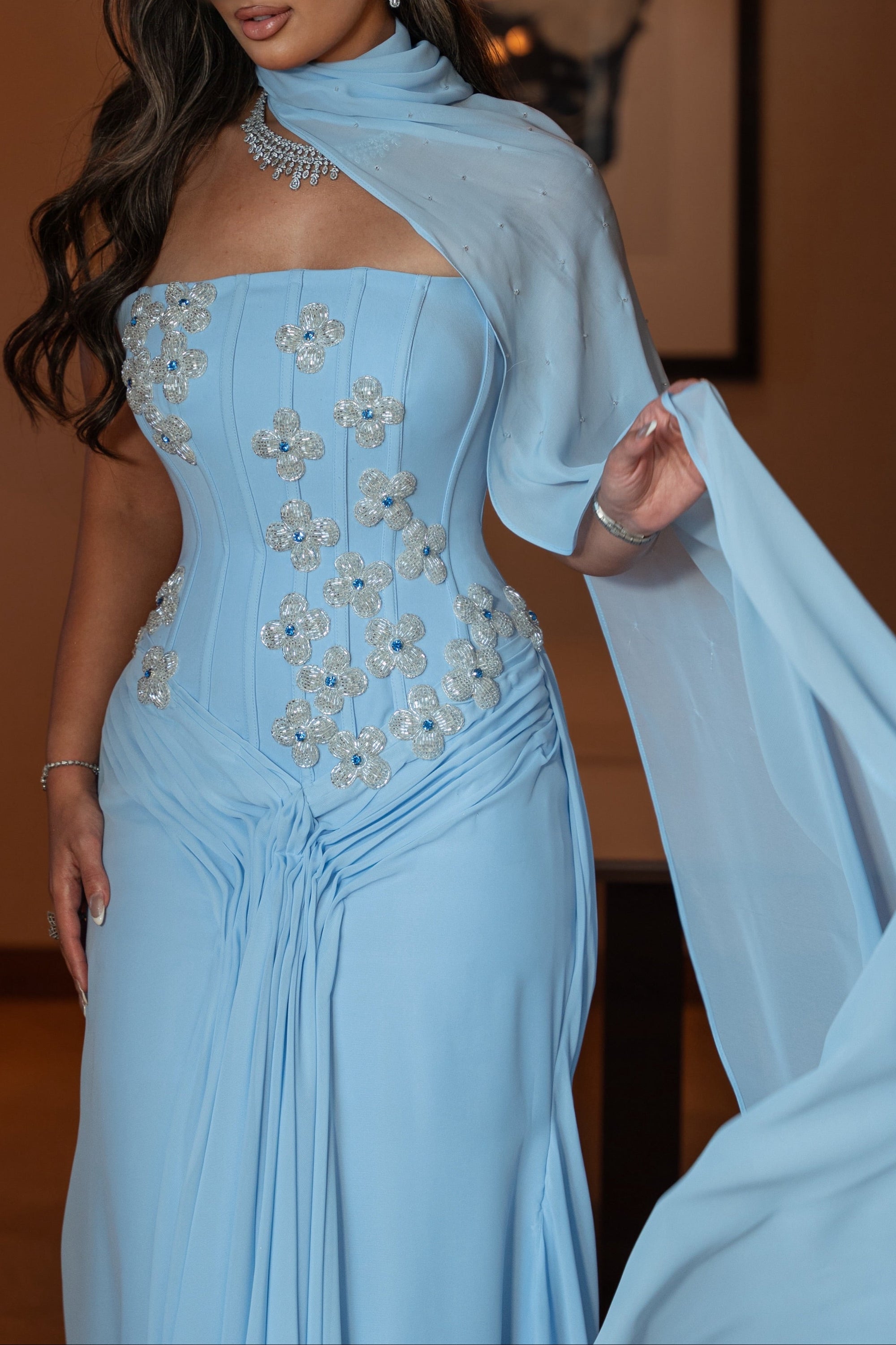 Embellished Corset Gown with Scarf
