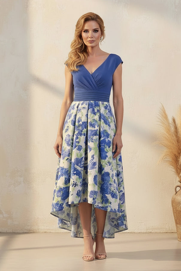 Floral Print High-Low V-Neck Evening Gown