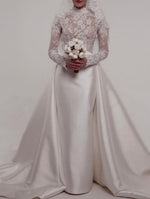High-Neck Lace Wedding Dress with Detachable Overskirt