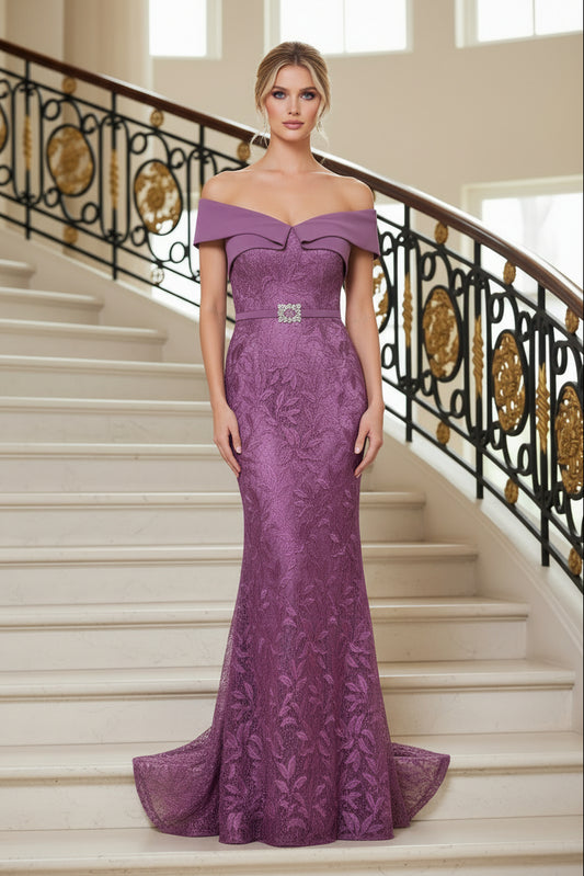 Off-the-Shoulder Lace Trumpet Gown with Belt