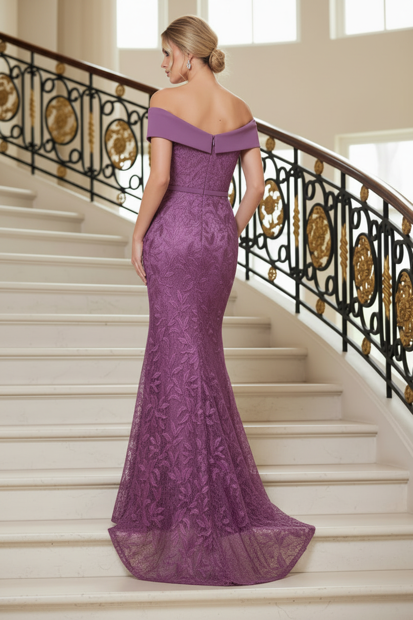 Off-the-Shoulder Lace Trumpet Gown with Belt