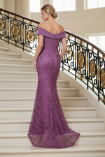 Off-the-Shoulder Lace Trumpet Gown with Belt