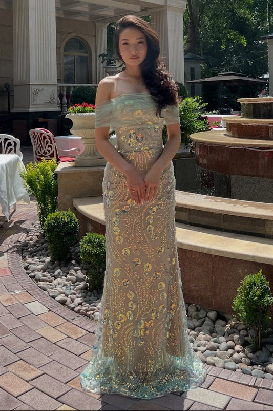 Off-the-Shoulder Sequined Tulle Column Gown