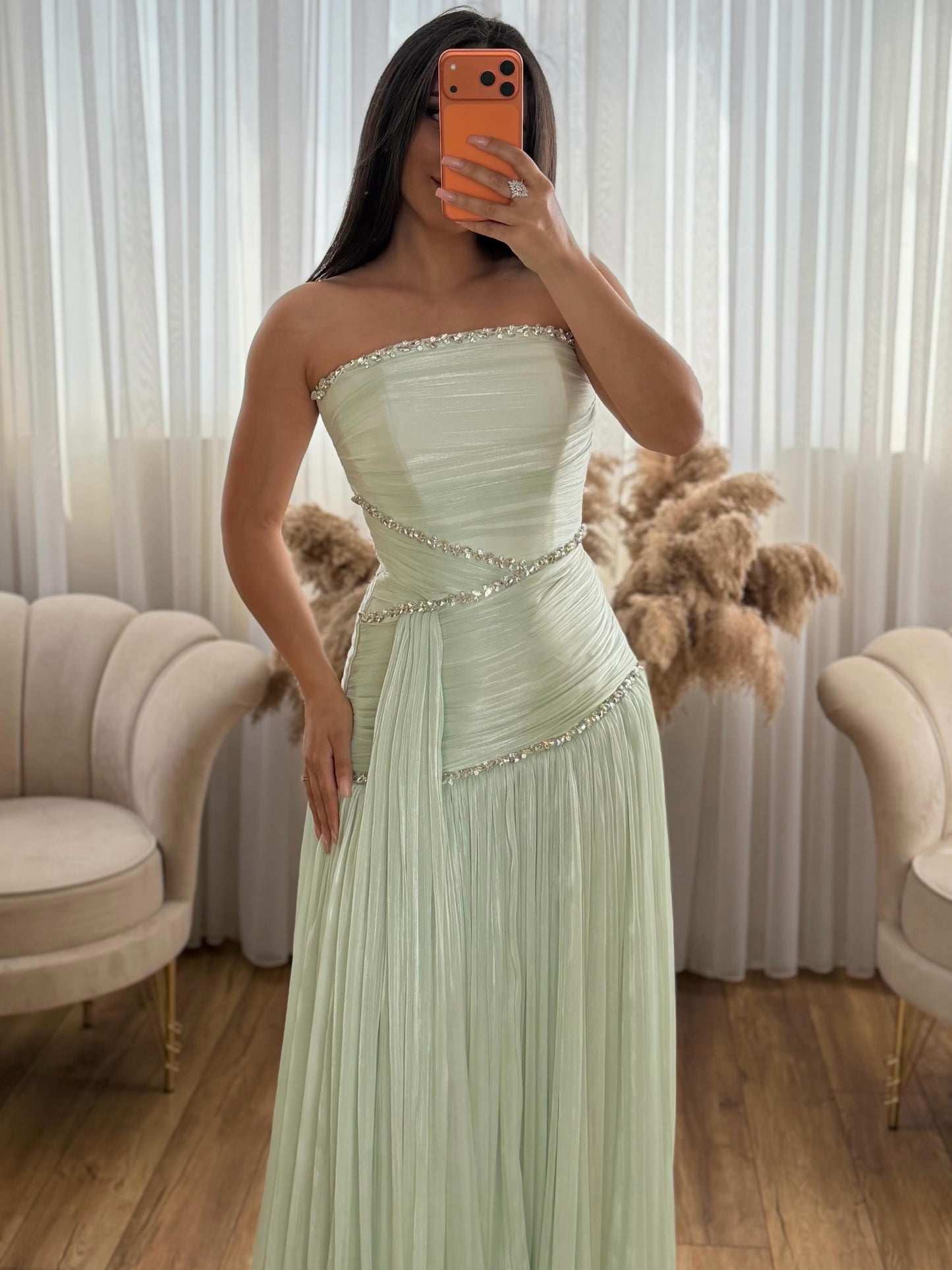 Strapless Pleated Evening Gown with Crystal Trim