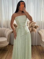 Strapless Pleated Evening Gown with Crystal Trim