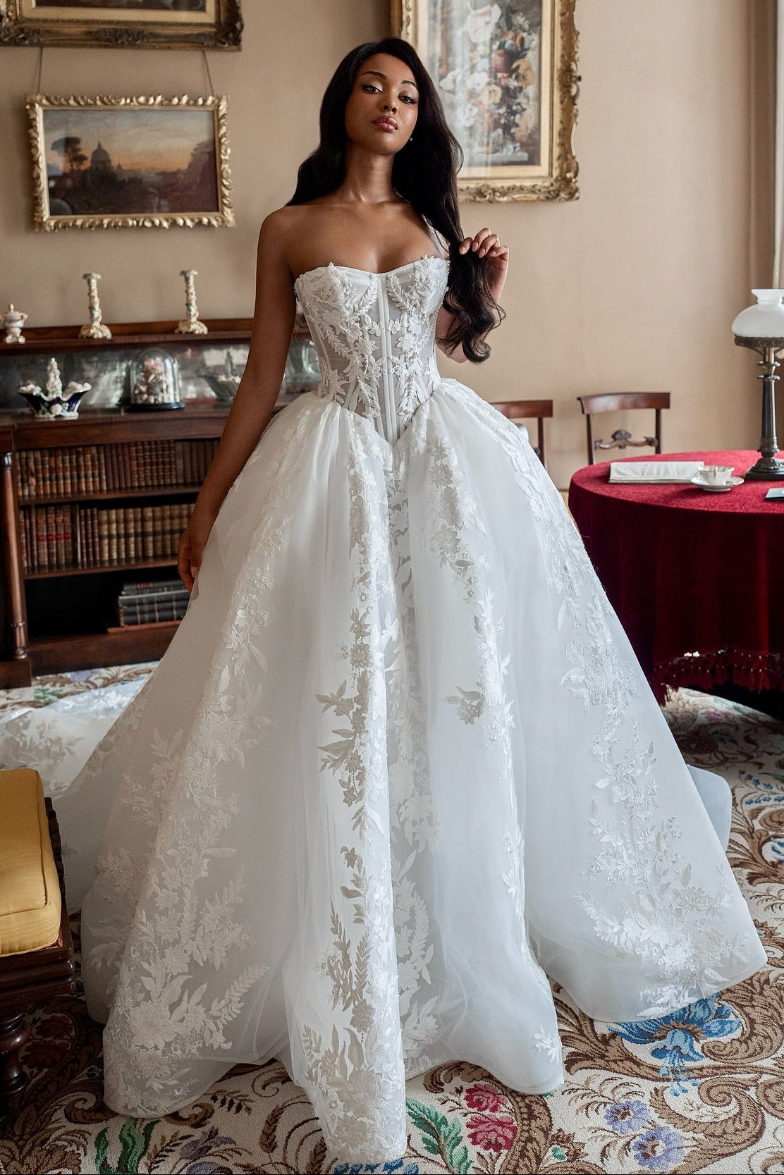 Strapless Corset Lace Ball Gown Wedding Dress