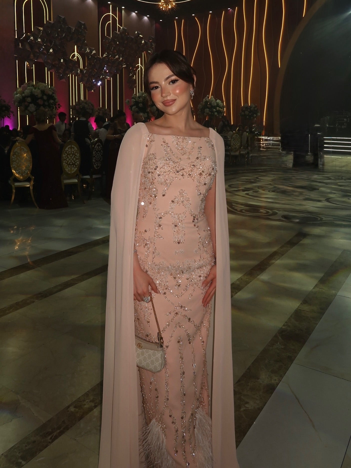 Beaded Cape Column Gown with Feather Hem
