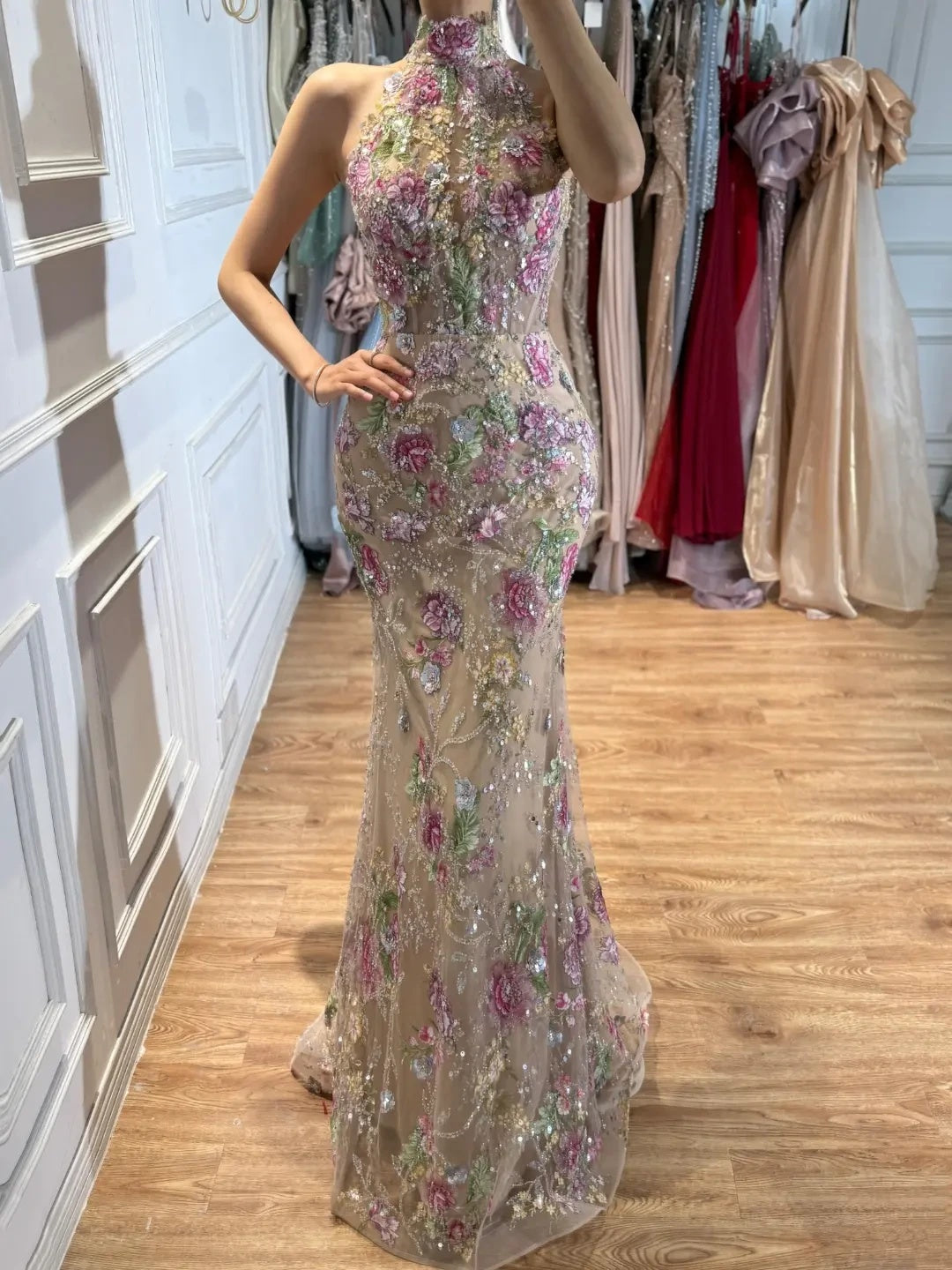 Embroidered Floral High Neck Mermaid Evening Gown