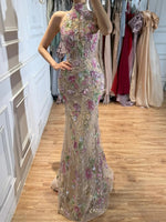Embroidered Floral High Neck Mermaid Evening Gown