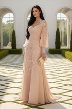 Ruched A-Line Gown with Illusion Lace Long Sleeves