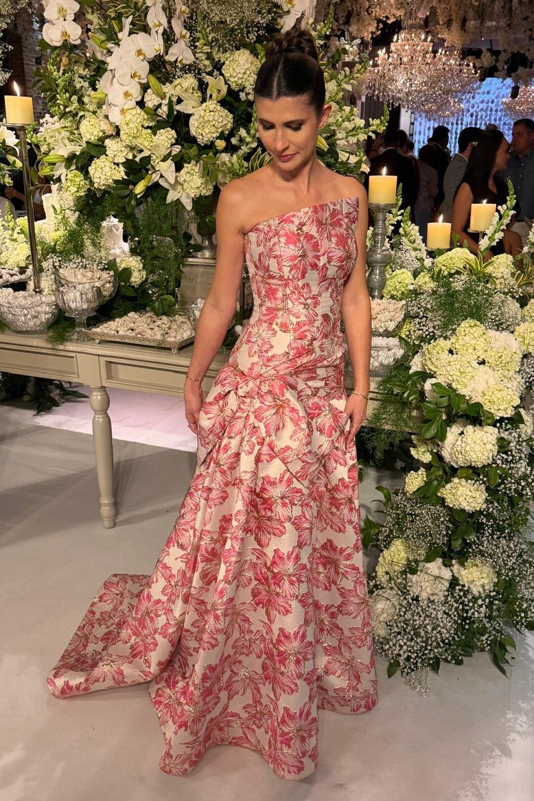 Floral Jacquard Strapless A-Line Evening Gown