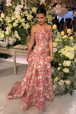 Floral Jacquard Strapless A-Line Evening Gown