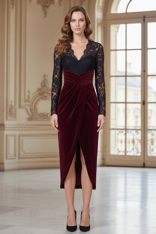 Lace Long-Sleeve Velvet Wrap Midi Dress