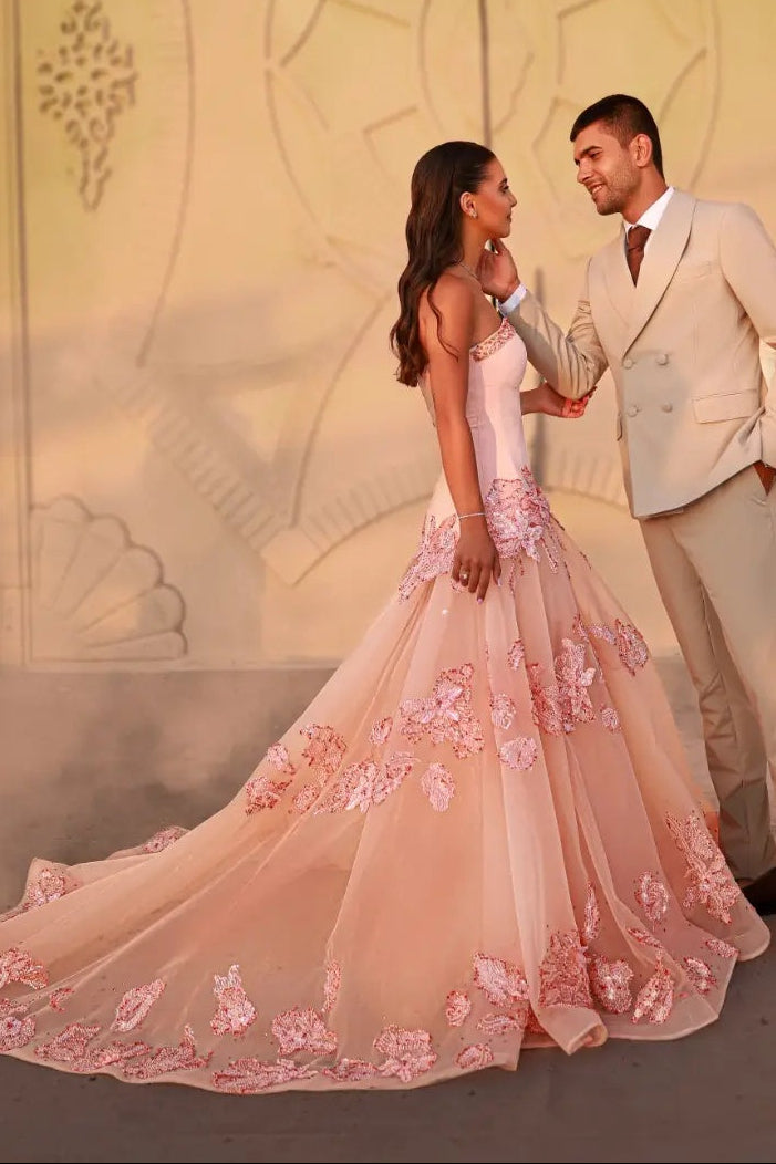 Strapless Floral Applique Evening Gown with Train