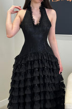 Halter Tiered Ruffle Evening Gown