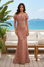 Off-the-Shoulder 3D Floral Lace Trumpet Gown