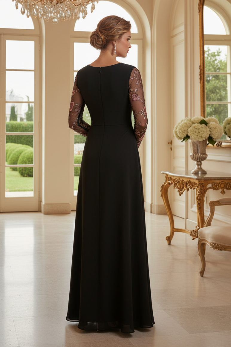 Floral Embroidered Mesh Sleeve A-Line Evening Gown