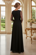 Floral Embroidered Mesh Sleeve A-Line Evening Gown