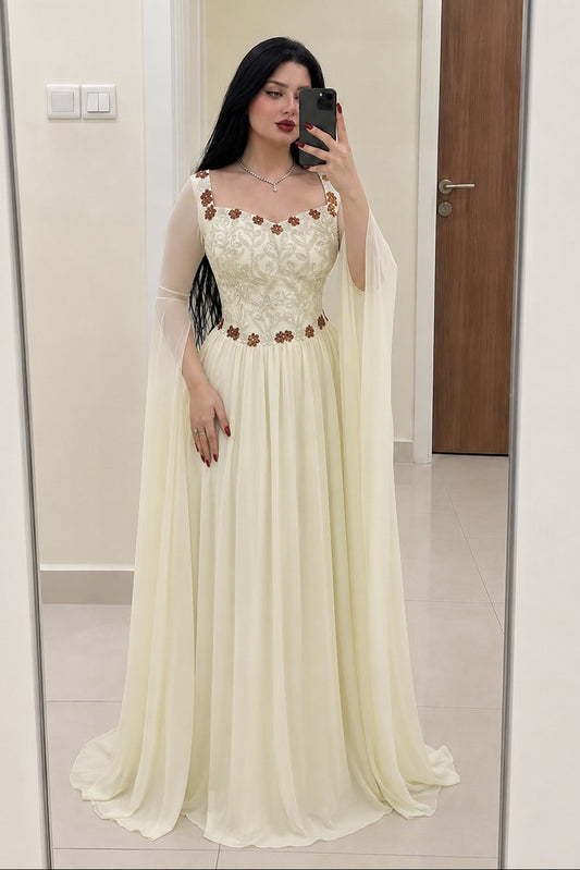 Floral Applique Cape Sleeve A-Line Evening Gown