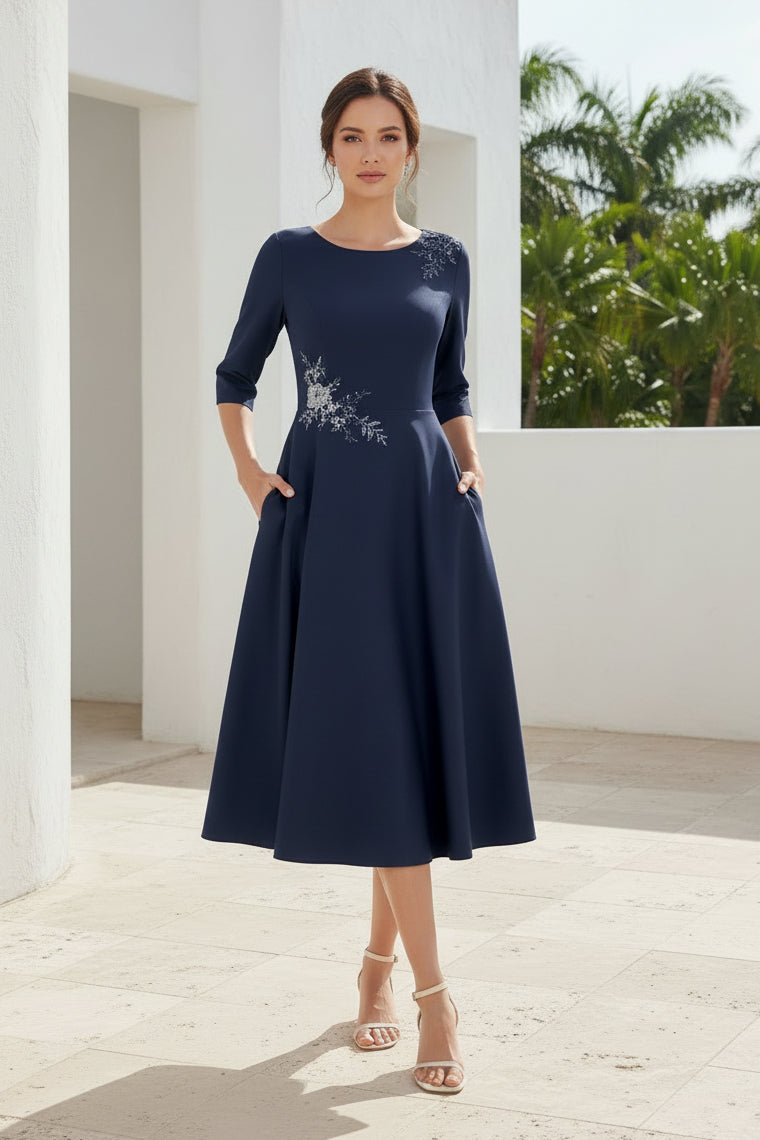 A-Line Midi Dress with 3/4 Sleeves and Pockets