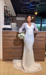 Long Sleeve Pearls Mermaid Wedding Dress
